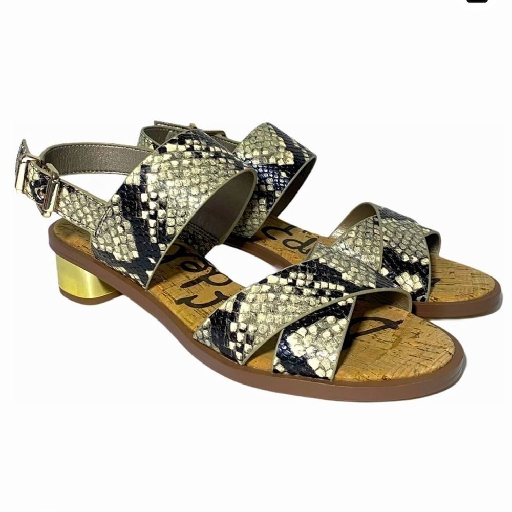 Sam Edelman Teena Snake Print Gold Block Heel Sandal Sz 7.5 EUC